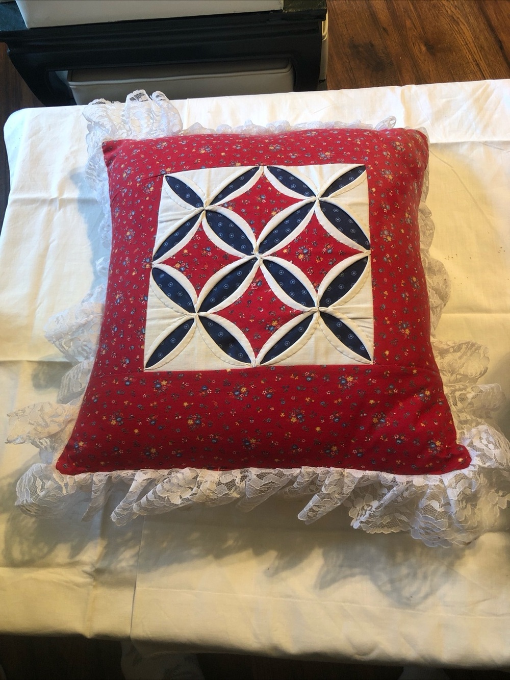 Vintage Handmade Cathedral Window Quilt Pillow
